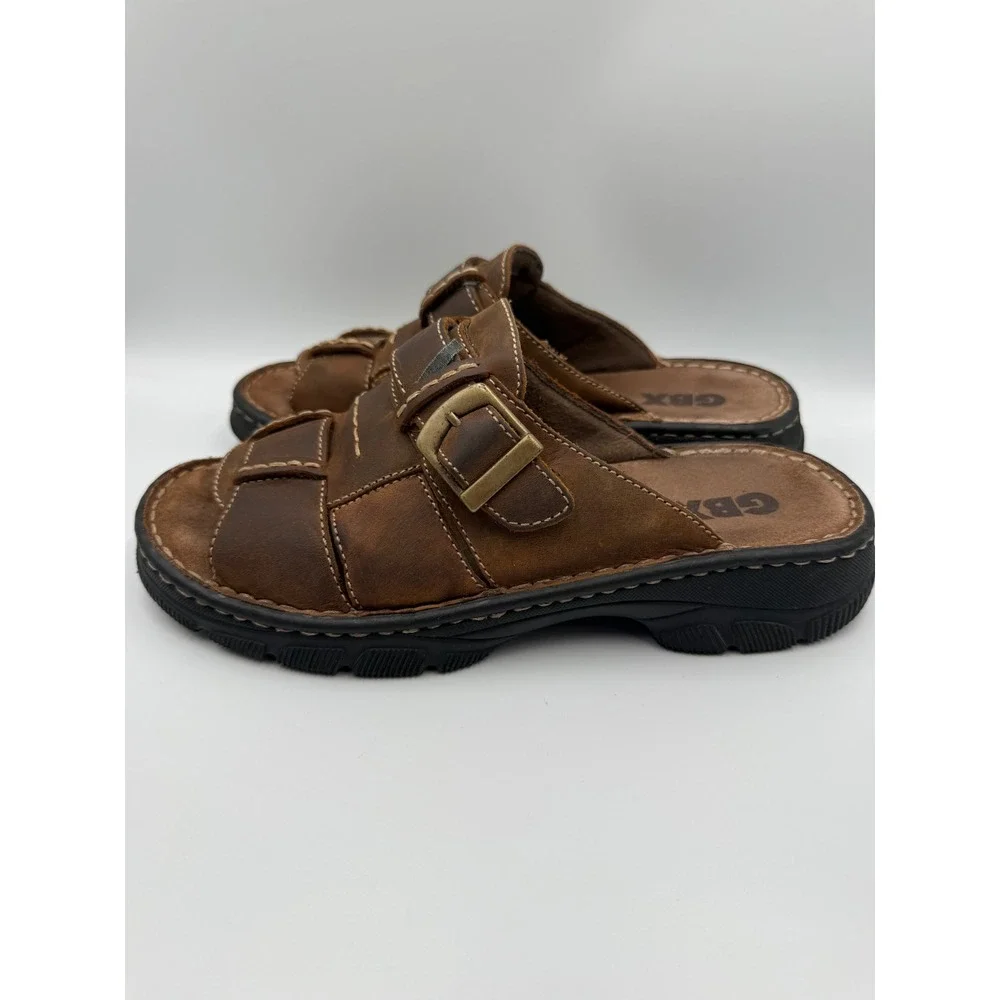 GBX Havana Men‎ Size 9 Brown Leather Slide Sandals Buckle Casual Comfort Shoes